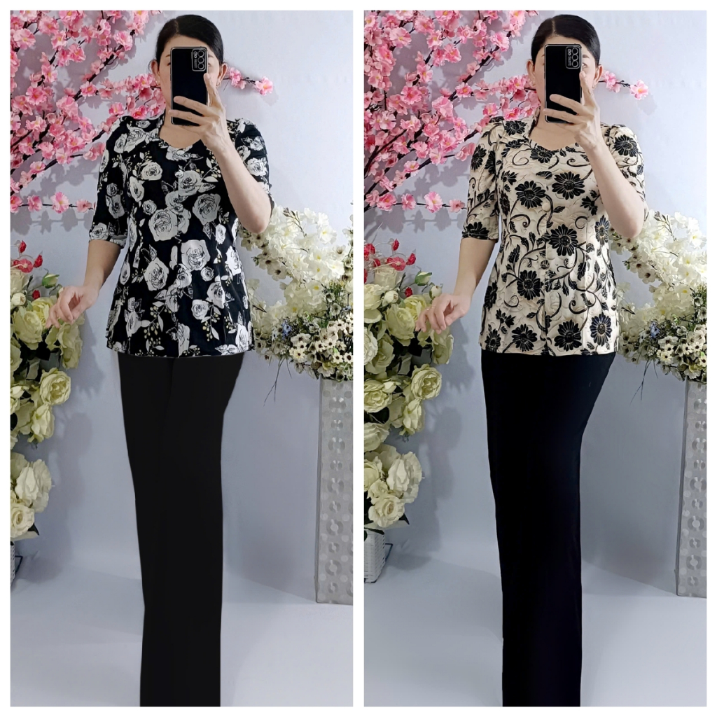 Odd Set (เสื้อผ้าฝ้ายคอปกราชินี + กางเกงสีดําขากว้าง)