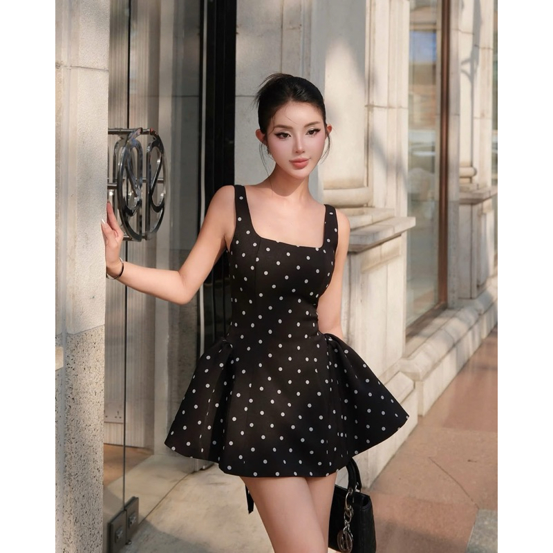 Hkt2t - store - เดรสบานคอเหลี่ยมลายจุดสวยมาแรง