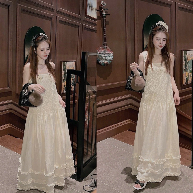 [V1.998] แม็กซี่เดรสปักลูกไม้สีเบจบานยาวสุดน่ารัก