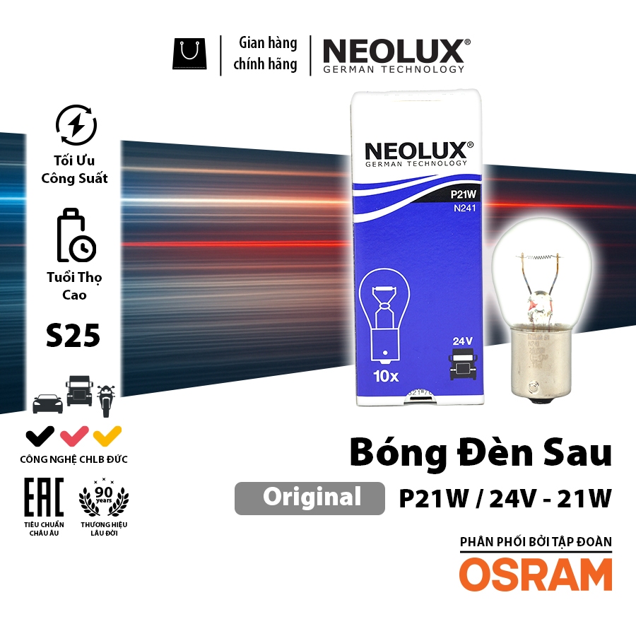Combo 10 S25 OSRAM NEOLUX 1-Heart หลอดไฟด้านหลังตรงสําหรับรถบรรทุก P21W 24V 21W N241