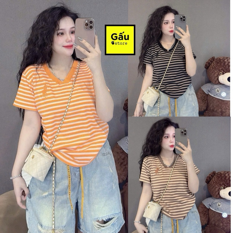 เสื้อยืดคอเต่าแขนสั้นผู้หญิงลายทางปักม้า (ม้า ลายทาง ข905)