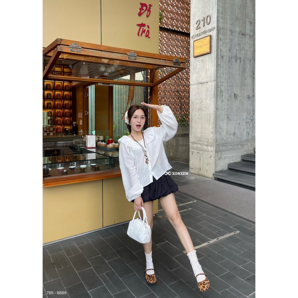 HN เสื้อเชิ้ตผ้าคอปกลายทางและผูกโบว์ A785 XonXen 299PCT