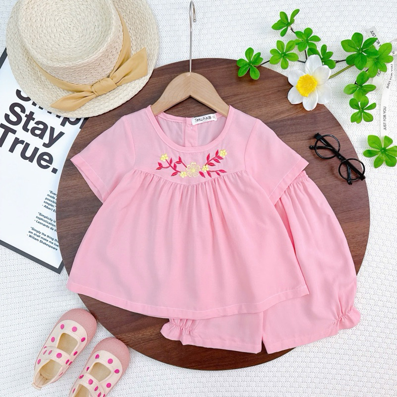 สค ที่รัก ชุดลินินต้นขาเด็กผู้หญิงปักดอกไม้ (ตัดเย็บเพื่อหัก) เนื้อลินินไทยผิวสองชั้น ซึมซับดี