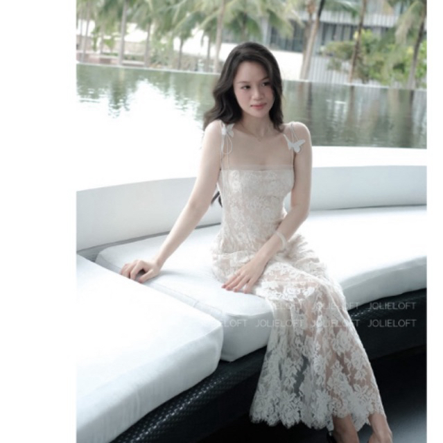 Hkt2t - Store - แม็กซี่เดรสลูกไม้ 2 สายน่ารักคอปกตาข่าย