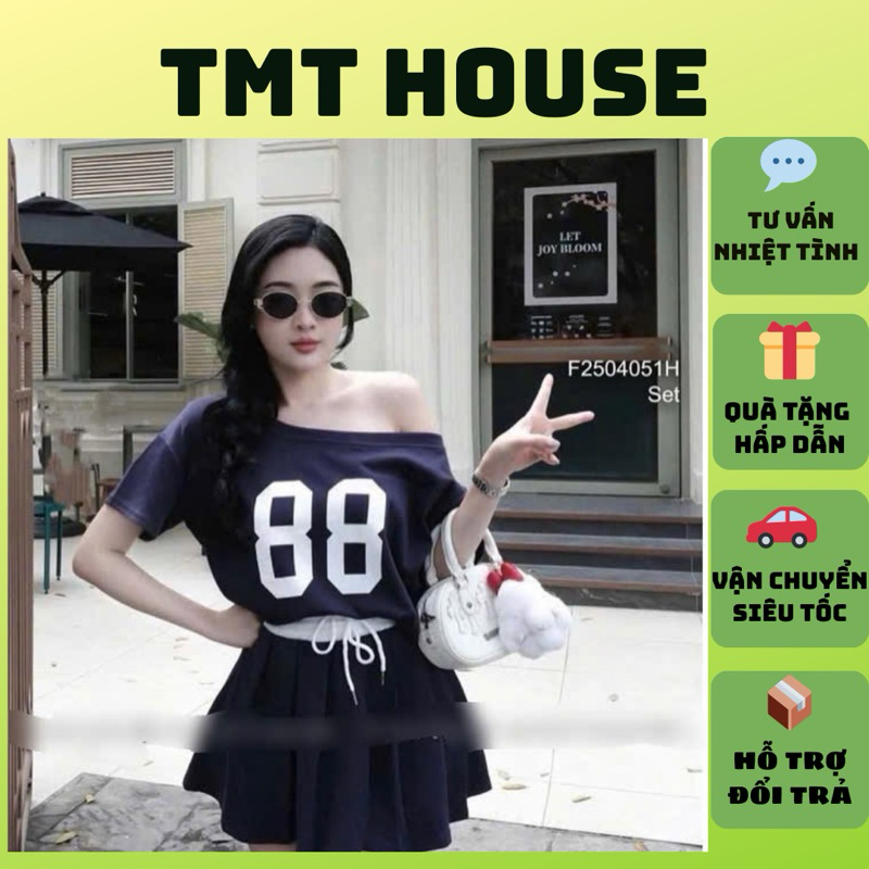 ชุดเสื้อยืดเปิดไหล่พิมพ์ลายเบอร์ 88 กระโปรงบาน TMT HOUSE
