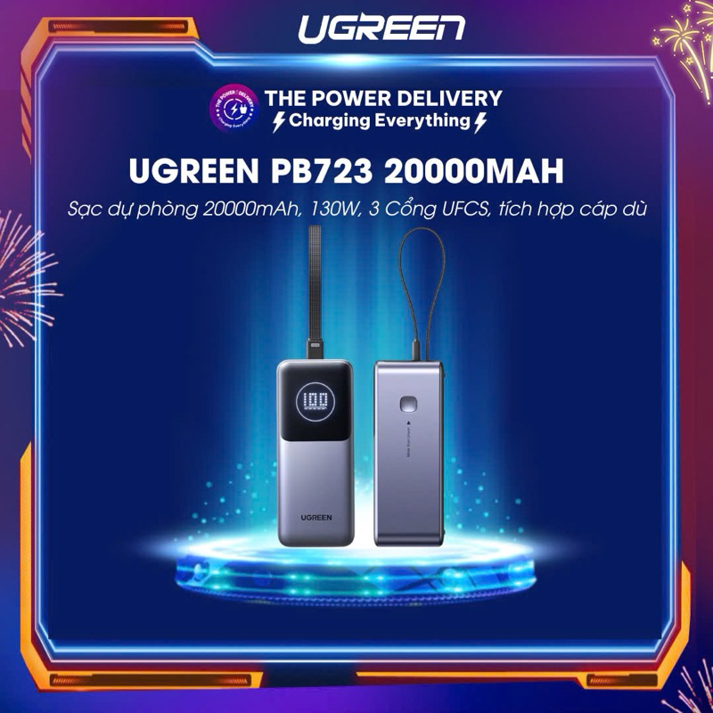 UGREEN PB723 แบตเตอรี่สํารอง 20000mAh 130W 3 พอร์ต UFCS 105w สายร่มแบบบูรณาการ, หน้าจอ LED หลายสเตต