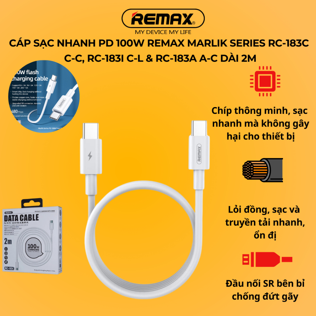 REMAX Marlik Series RC-183c CC 100W PD สายชาร์จเร็ว RC-183i CL & RC-183a AC ยาว 2M