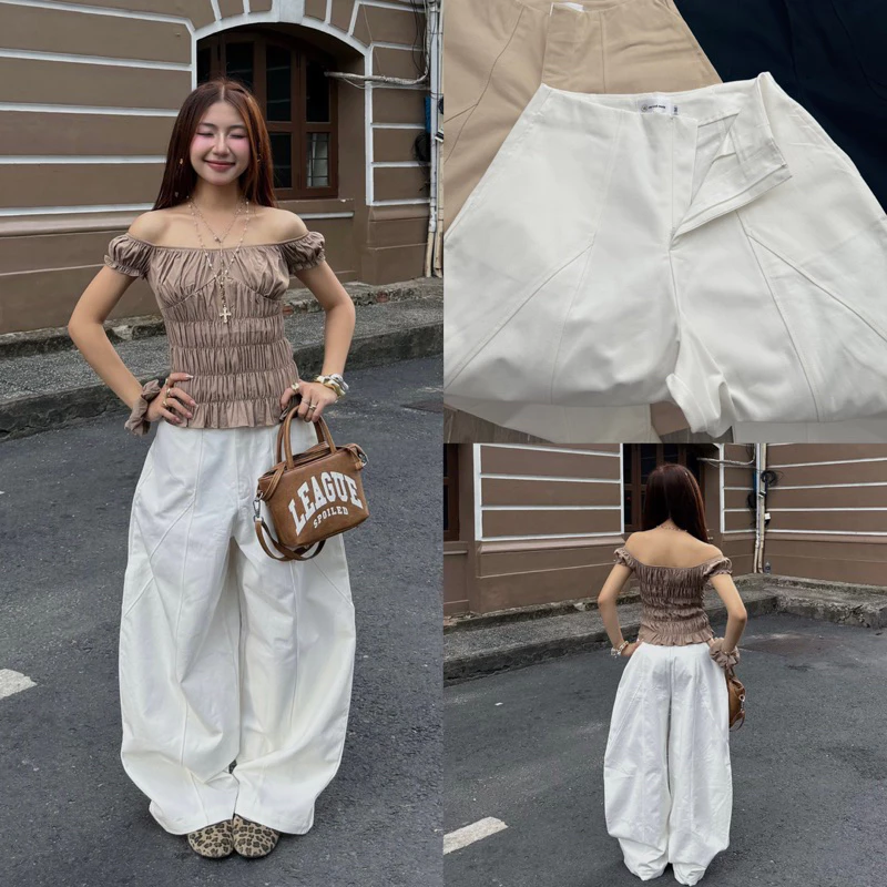 FINNIE DEROSE PANTS - กางเกง HaRem ขากว้าง Derose สีกากีเอวเรียบและชายเสื้อ