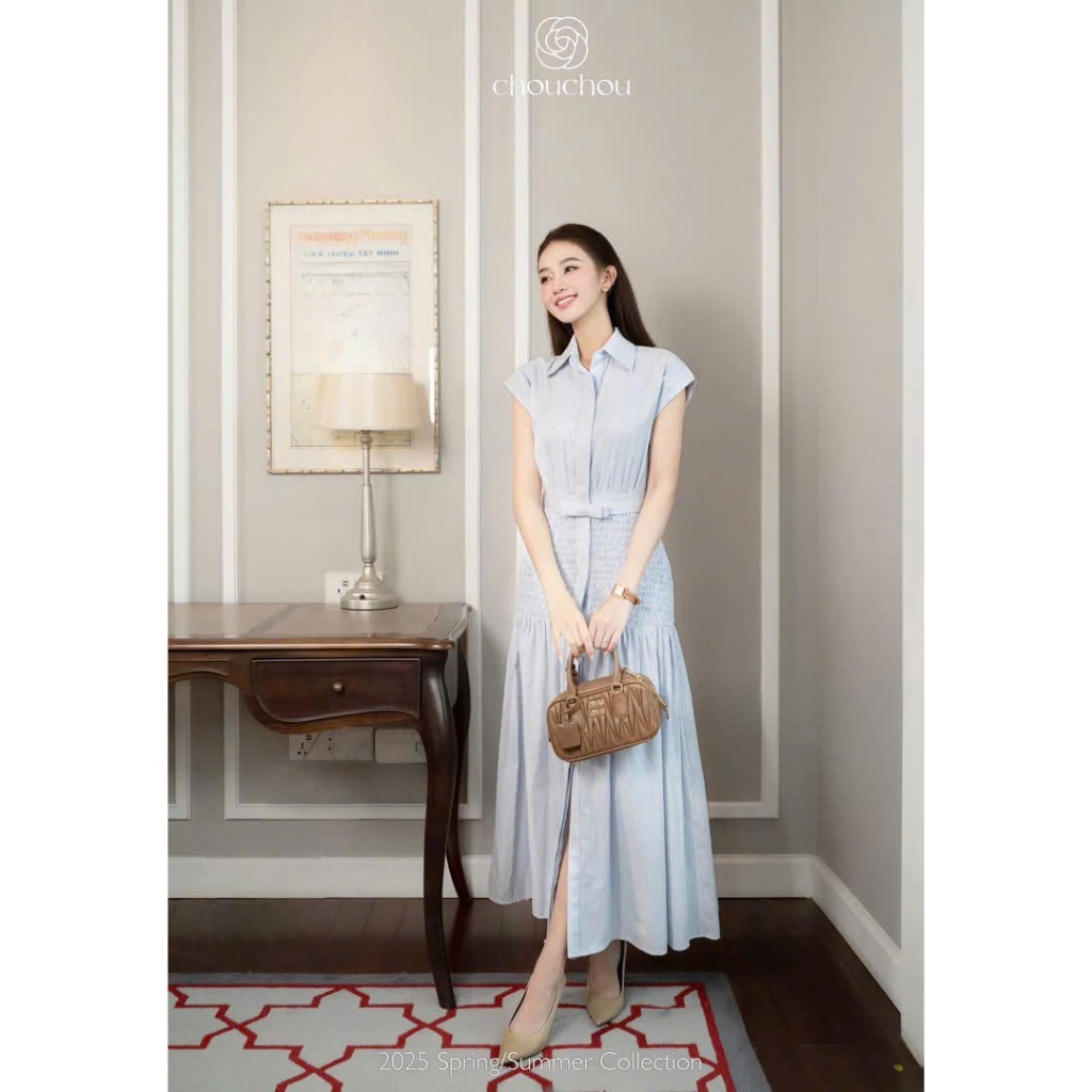 TRENDY-ชุดสตรีหูลายสก๊อตสีฟ้า,DNCเสื้อคอปก,ผูกเอว,DIY SEWED OFFICE SLEEVE DRESS