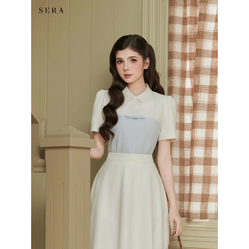 SERA - Kesha เสื้อเชิ้ตปกบัวสีน้ําเงินขาวแขนพัฟ