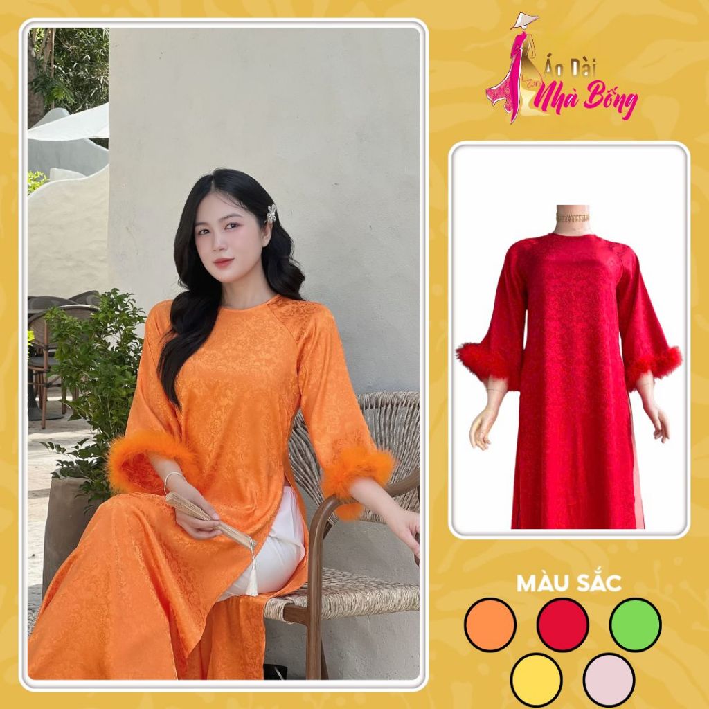 Renovated Brocade Ao Dai รอบคอและขนนก AD034 - ผู้หญิง Ao Dai พร้อมแขนบานเพื่อปกปิด Biceps ใหญ่ คุณภา