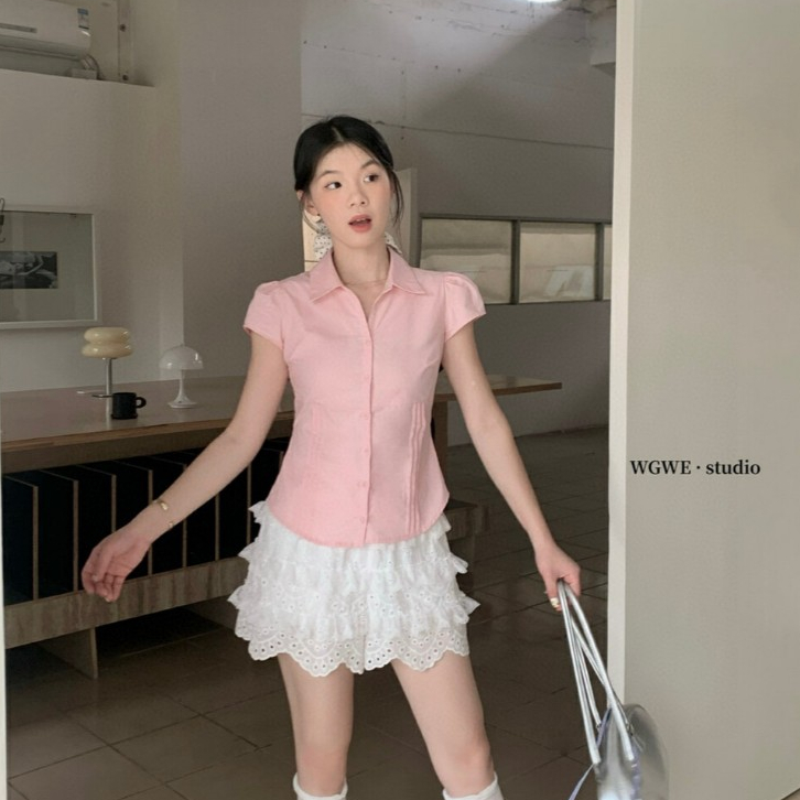 WGWE เสื้อคอปกแขนสั้น เสื้อเอวจับจีบ W5134
