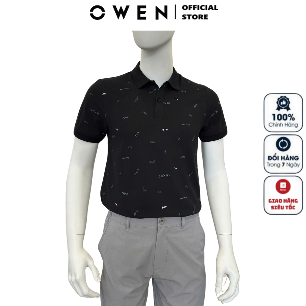 OWEN APV เสื้อโปโลผู้ชายแขนสั้นคอปก253618 สีดําพิมพ์ด้วยผ้าคอตตอนนิ่มคุณภาพสูงแบบเข้ารูปใส่กันโป๊