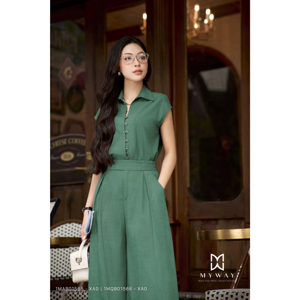 MY WAY ชุดเสื้อและกางเกงผู้หญิงคอปกเยอรมันใต้วงแขนติดกระดุมหรูหรามีสไตล์หรูหรา 1MAB01565 - 1MQB01566