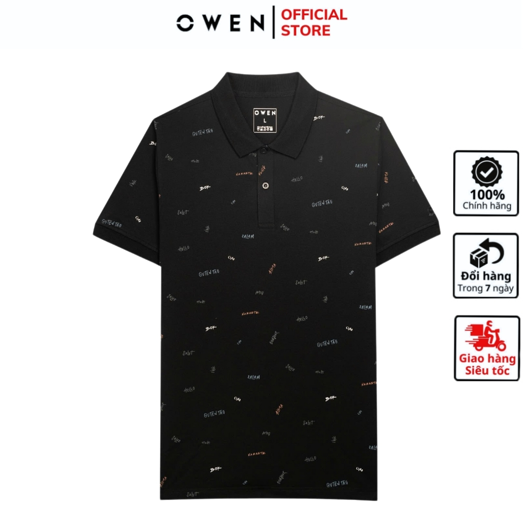 OWEN APV เสื้อโปโลแขนสั้น253618 เสื้อยืดคอปกเปิดลงสีดําสําหรับผู้ชายพิมพ์ลายผ้าคอตตอนคุณภาพสูงดีไซน์