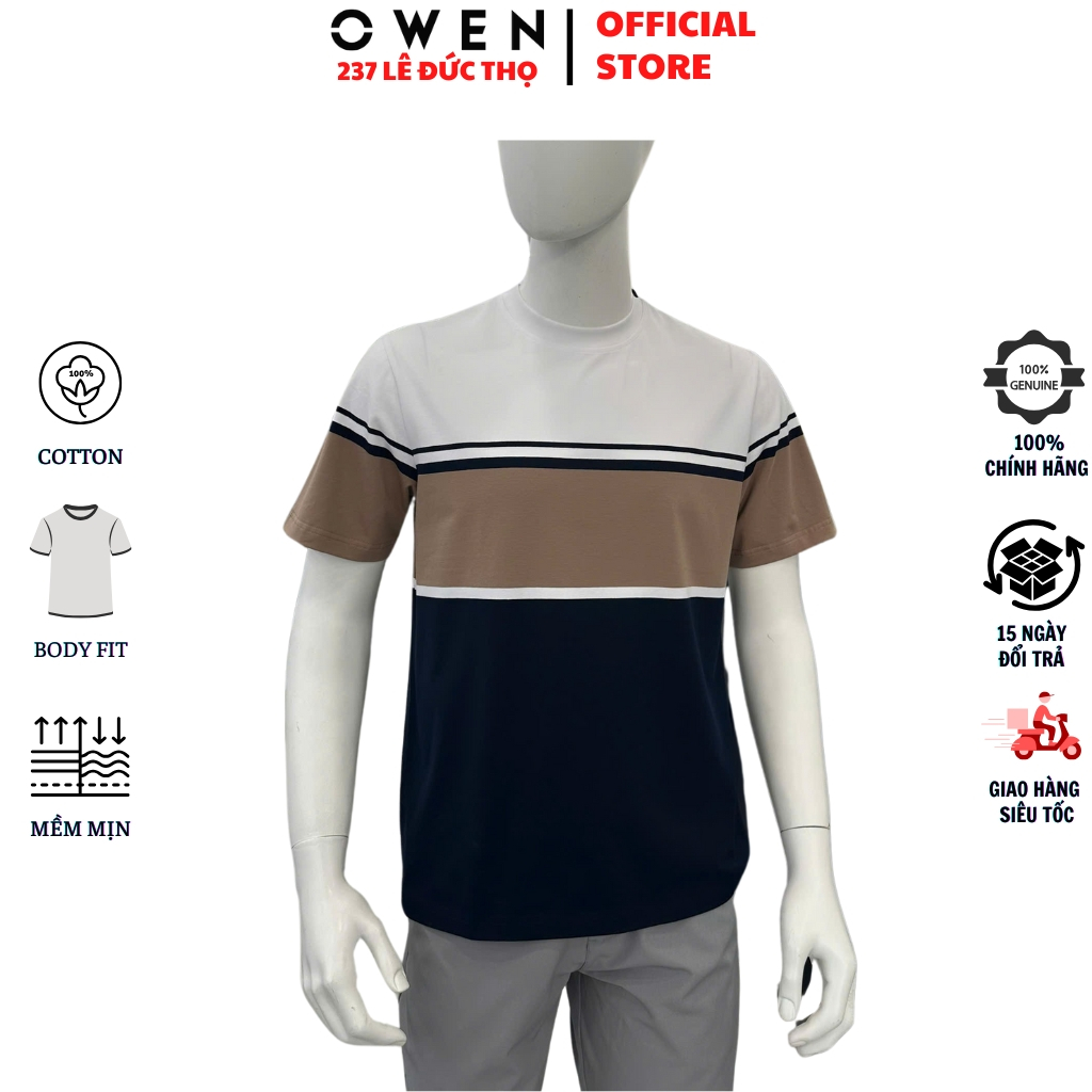 OWEN TSN เสื้อยืดคอกลมแขนสั้นผู้ชาย253681 เสื้อยืด ร่างกาย พอดี สีขาว ดํา เบจ ผ้าคอตตอนนิ่มคุณภาพสูง