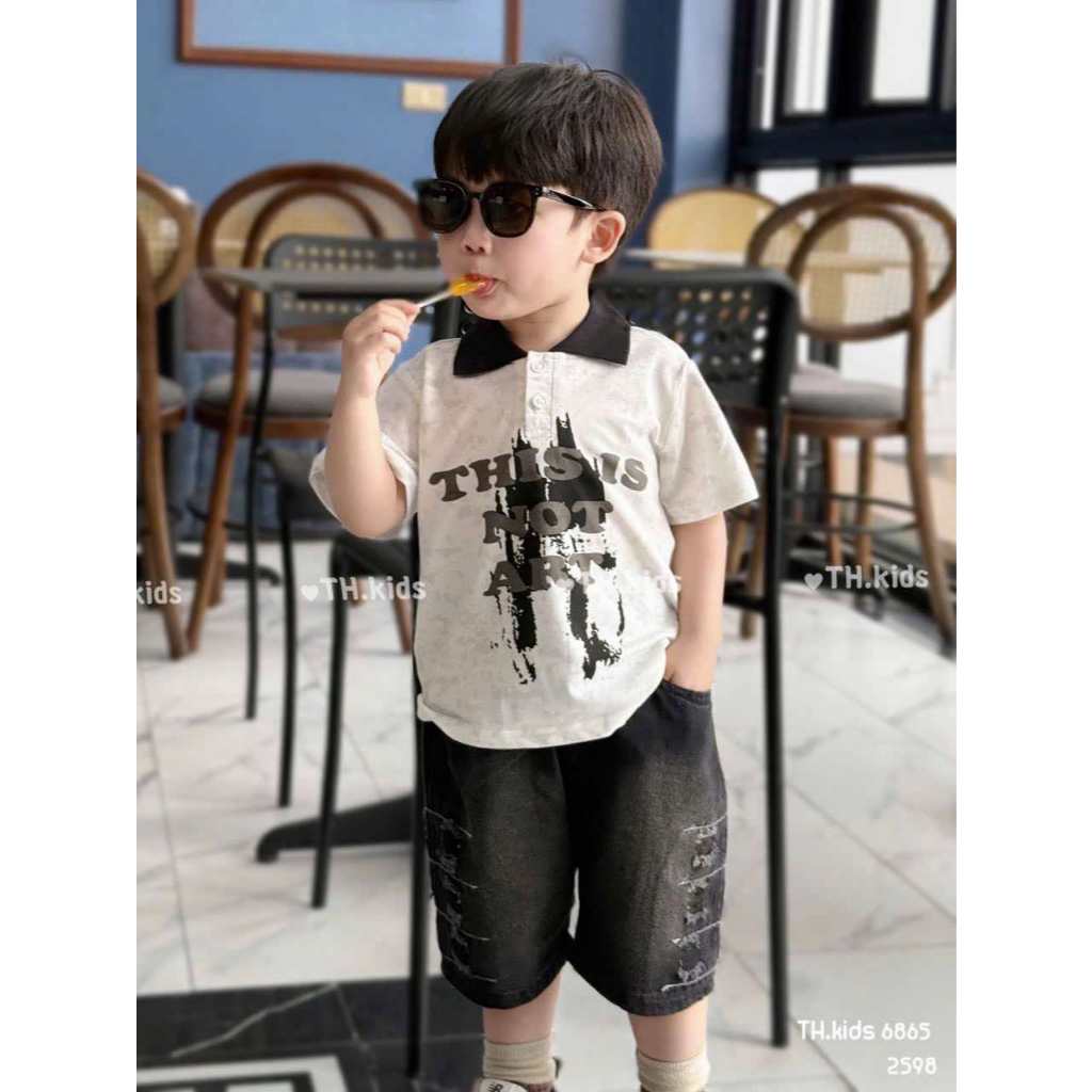 LunaClassy Polo Shirt เสื้อยืดคอกลมเด็กชาย คอปกตัวอักษรสีดํา QCCC TH9SA