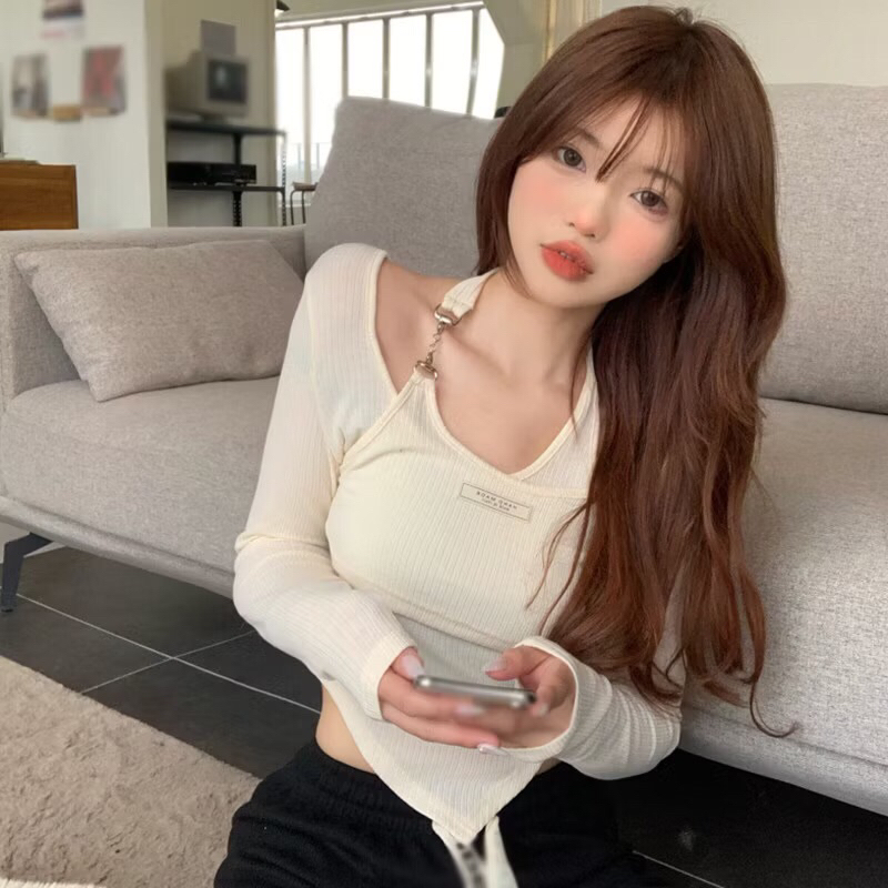 เสื้อครอปแขนยาวคอปกโซ่-เสื้อฤดูใบไม้ร่วง-ฤดูหนาวผสมสี CRT62 - รูปที่ 3