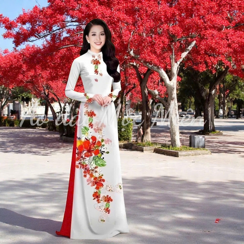 Original Moc Mien ao dai พิมพ์ 3D HOA PHUONG คอสูง ผ้าไหมเกาหลีคุณภาพสูง (ทุกขนาดจาก S ถึง 5XL)