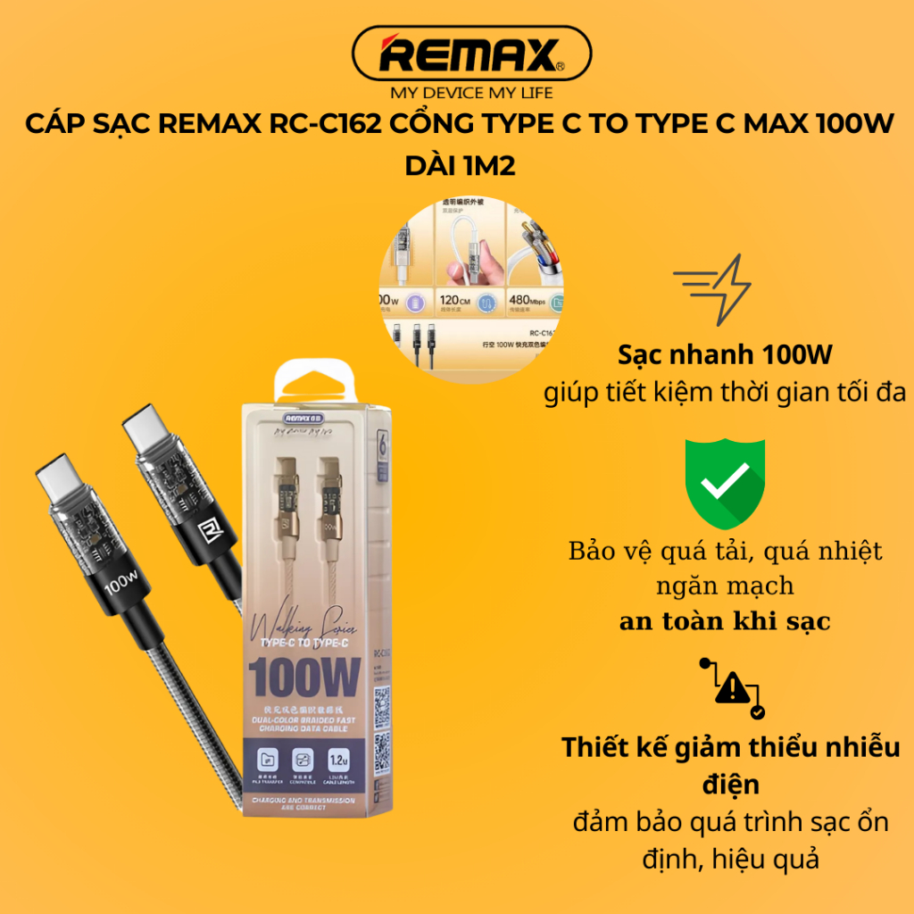 REMAX RC-C162 CC 100W & RC-C163 CL 30W สายชาร์จเร็ว 1m2 ยาว, 450Mbs Data Transfer