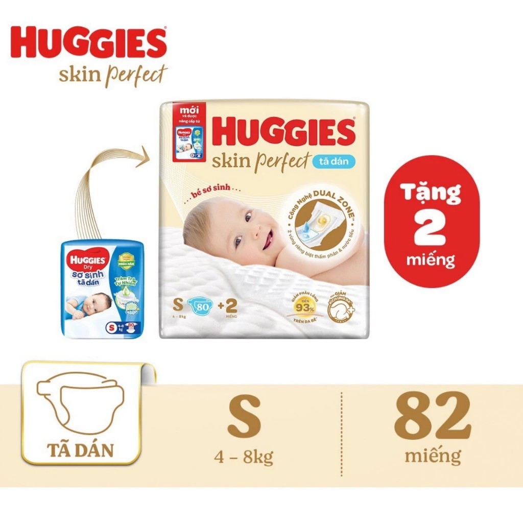 HUGGIES SKIN PERFECT DIAPER S80+2/M76+3 พร้อม TWO ABSORBENT AREAS TO REDUCE ระคายเคืองสําหรับผิวเด็ก