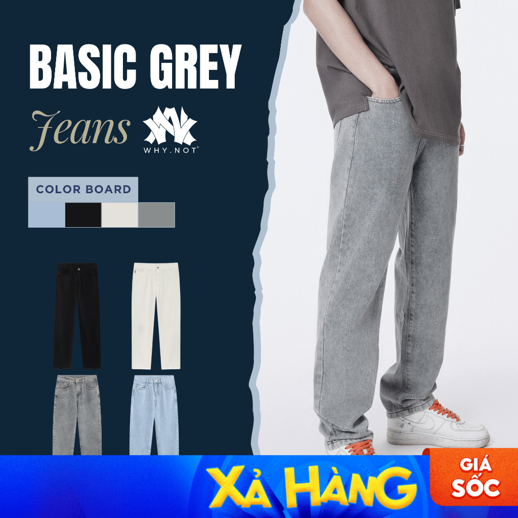 [มีไซส์ใหญ่] WHY.NOT Mens Baggy Straight Jeans สีเทา น้ําเงิน ดํา ขาวพื้นฐาน - กางเกงยีนส์ทรงหลวม