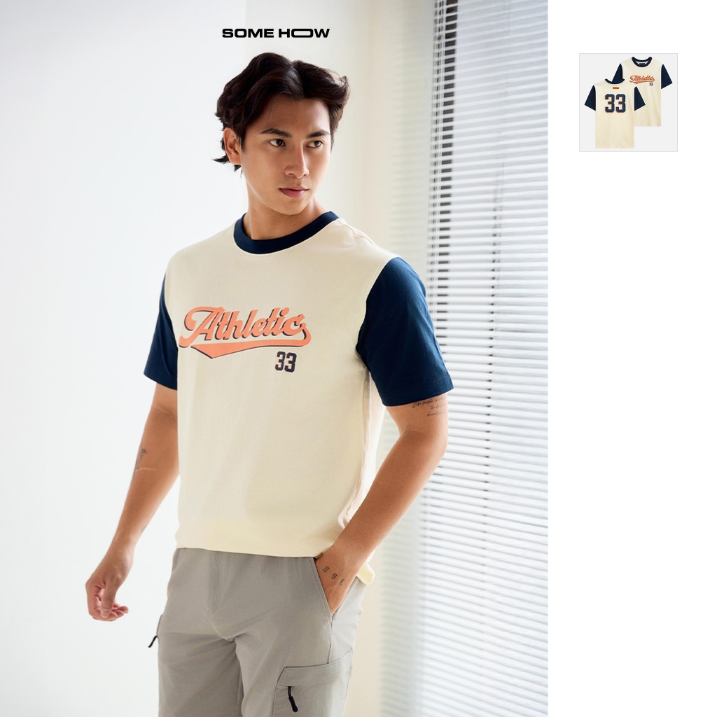 เสื้อยืด Mens Athletic Blue Sleeves 33 ผ้าคอตตอนใส่สบาย AT0258 SOME HOW STORE