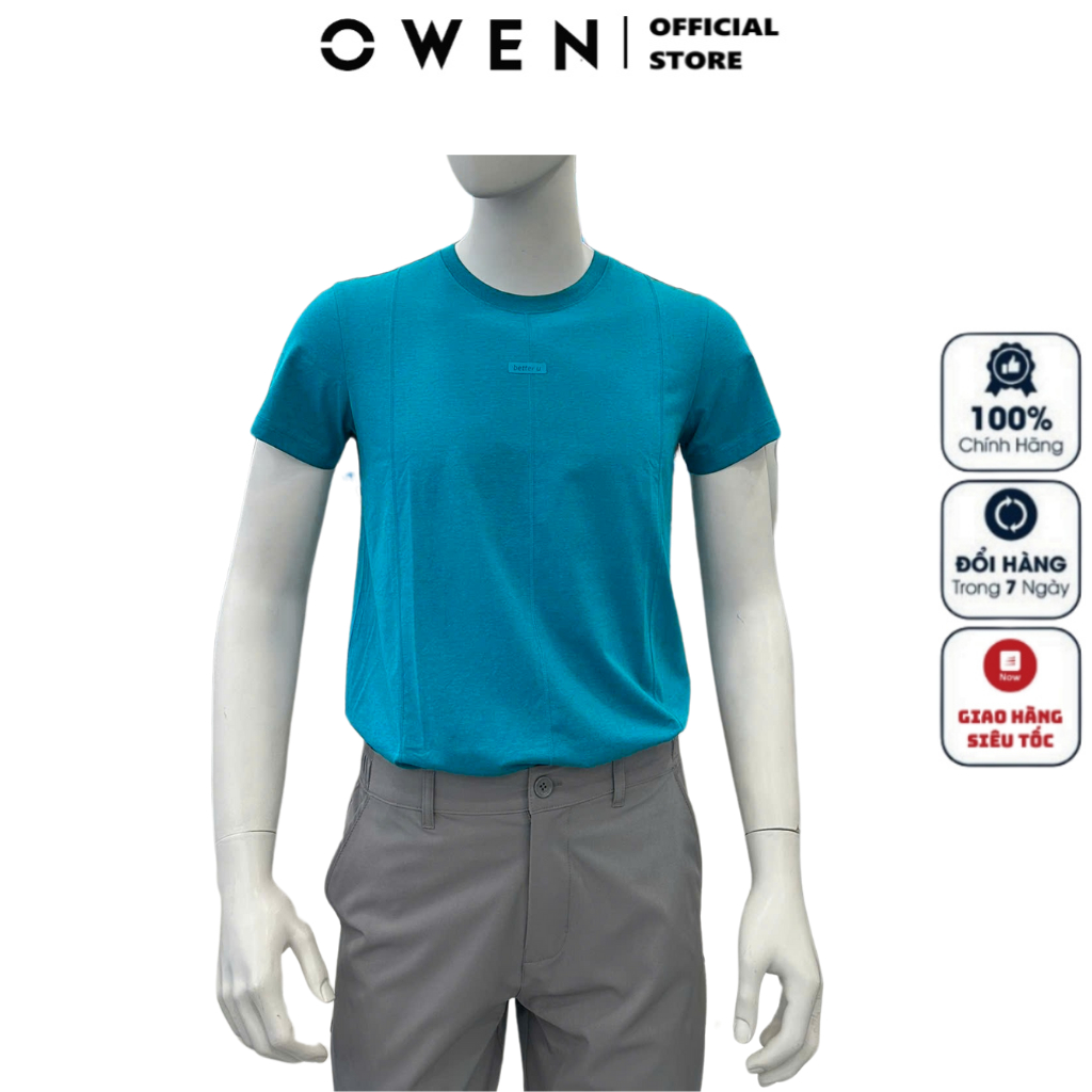 OWEN TSN เสื้อยืดคอกลม231454 เสื้อยืดผู้ชายสีน้ําเงิน ผ้าคอตตอนเนื้อนุ่ม เสื้อยืด กระชับสัดส่วน