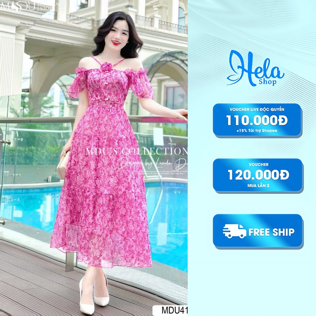 Beach Maxi Dress K31-d3-4 Off Shoulder Flare ทําจากผ้าไหมเกาหลีคุณภาพสูงจาก Mdu MDU4107