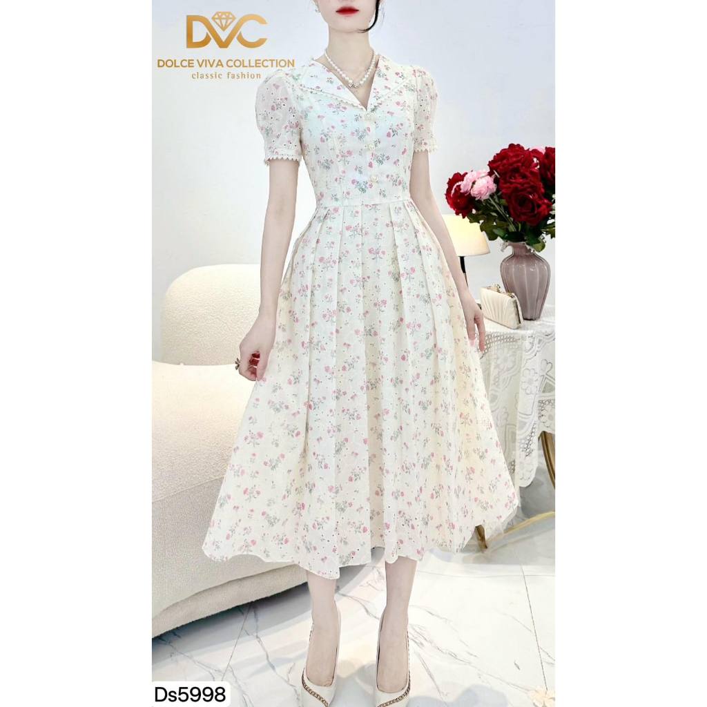 DS5998 - เดรสบานครีมติดกระดุมมุกปัก คอลูกไม้ - Dolce Viva Collection (DVC/ACC)