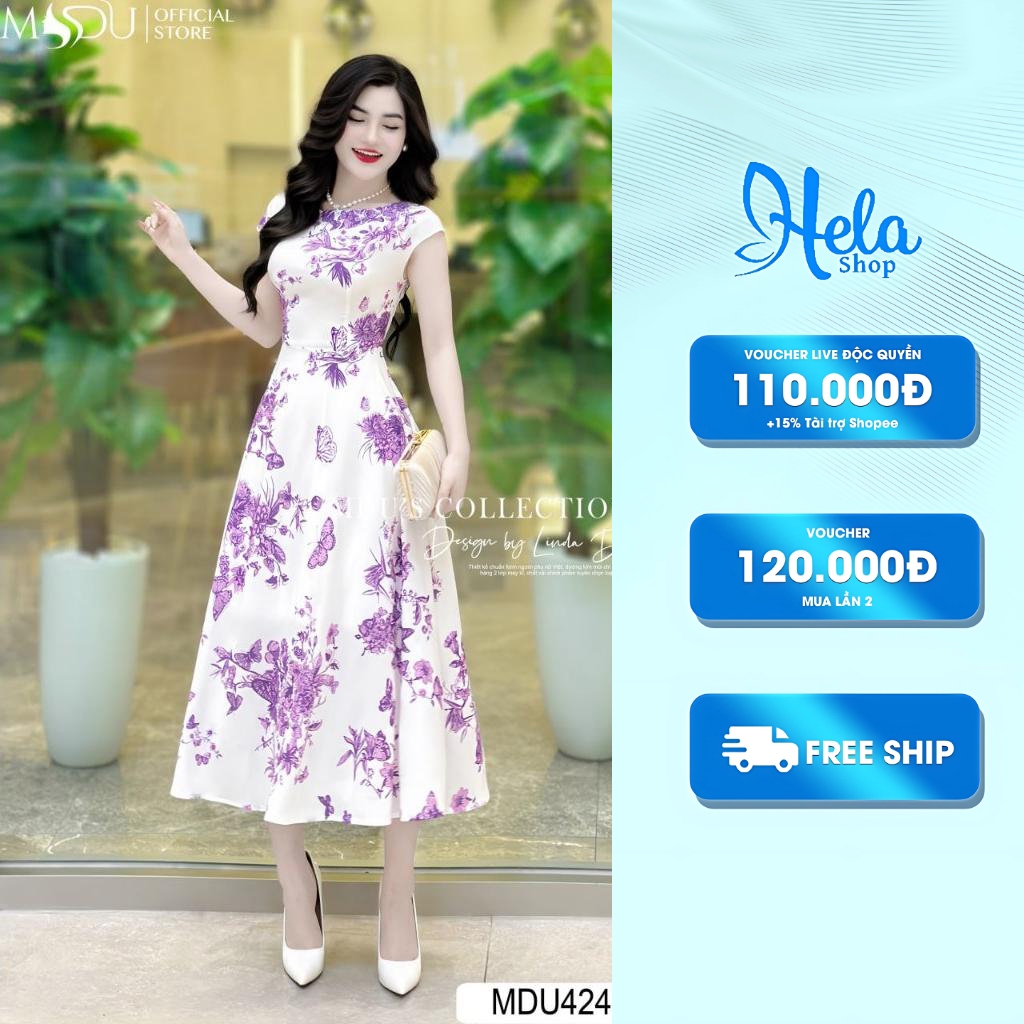 ชุดเดรสผ้าไหม K22-d3-1 ดีไซน์คอเรือบานหรูหราจาก Mdu MDU4240