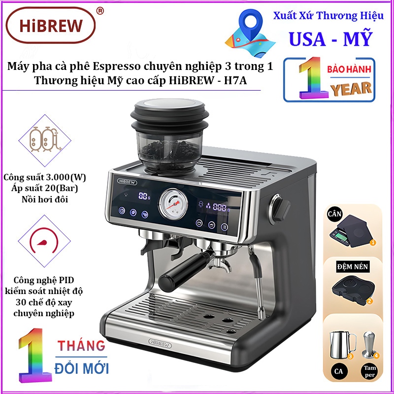เครื่องชงกาแฟเอสเปรสโซระดับมืออาชีพ 3-in-1 แบรนด์อเมริกันระดับพรีเมียม HiBREW - H7A (CM5020DI-GS)