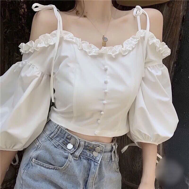 เสื้อเชิ้ตเลดี้เปิดไหล่เกาหลีสุดหรูแขนระบาย ก218
