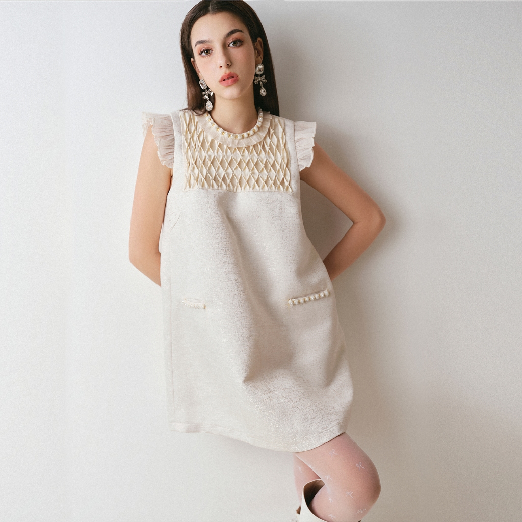 DARLING.ISM - ชุดเดรสลูน่าสม็อคทรงหลวมสําหรับผู้หญิงที่ผ้ากระสอบผสมผ้าไหม