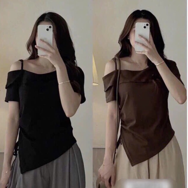 เสื้อปาดไหล่แขนสั้นผู้หญิงเอวรูด-กระโปรงขายปลีก ก217