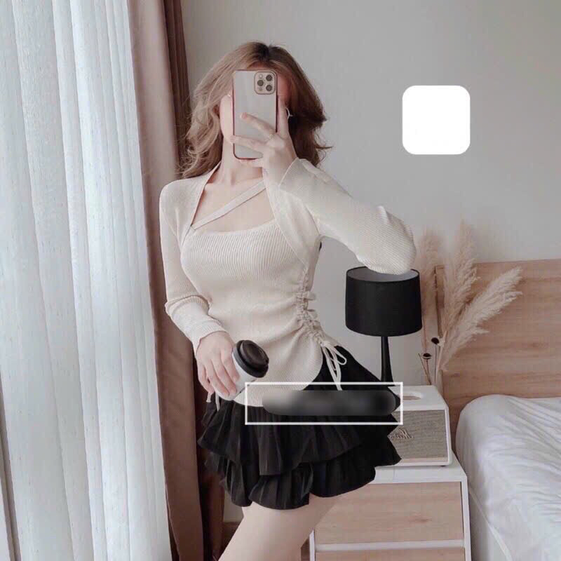 (ชุดเดี่ยว ชุด) เสื้อแขนยาวคอเหลี่ยมไหมพรมจั๊มสายไขว้เอวรูด CRT01