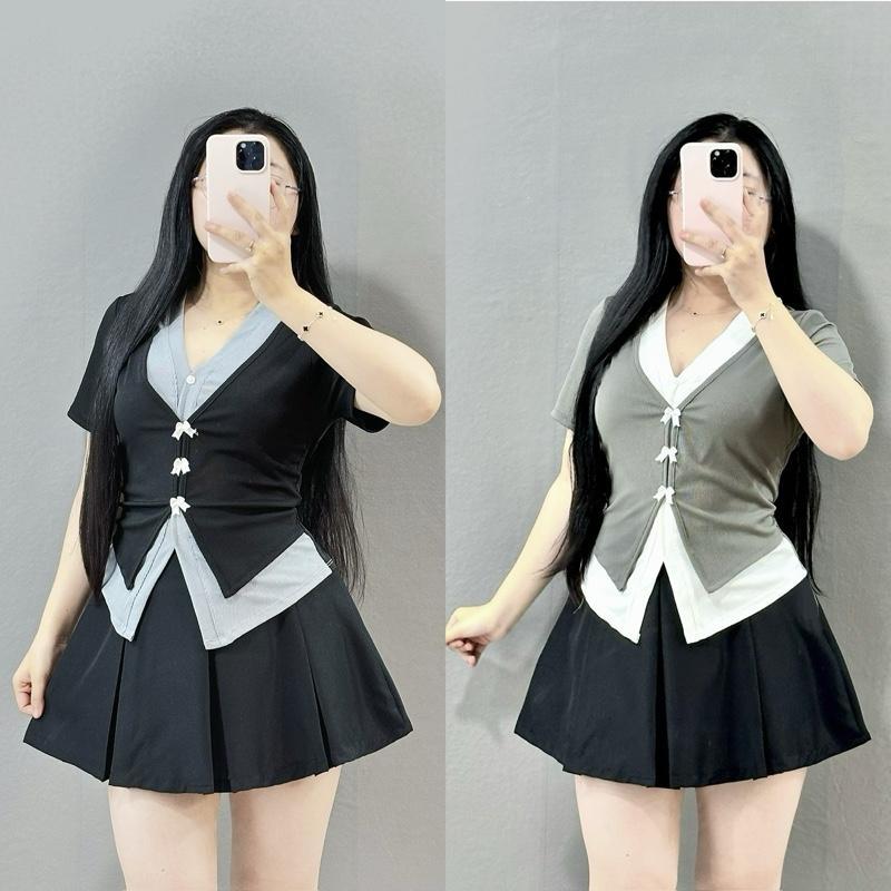 เสื้อเชิ้ตผู้หญิงไซส์ใหญ่เรียบหรูแขนสั้นคอกลมชายผูกโบว์สวยแฟชั่นยืดน่ารัก-ก271