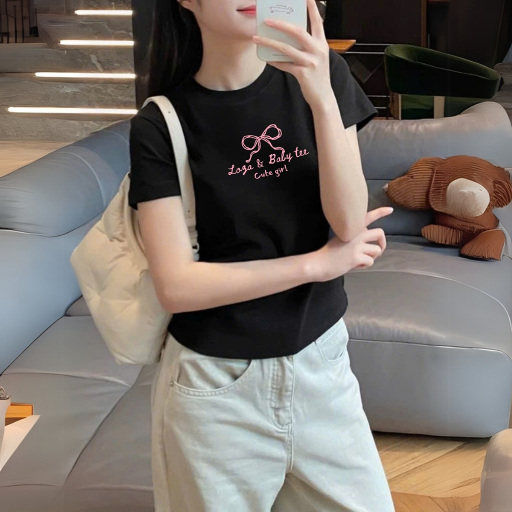 เสื้อ Baby Tee สีดําผู้หญิงลายเรียบง่ายมากมาย - LOZA G0404 Baby Tee
