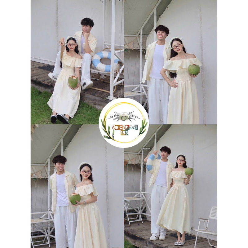 ชุดเสื้อคู่ครีมแอปริคอทเปิดไหล่ยาว HQ สุดน่ารัก