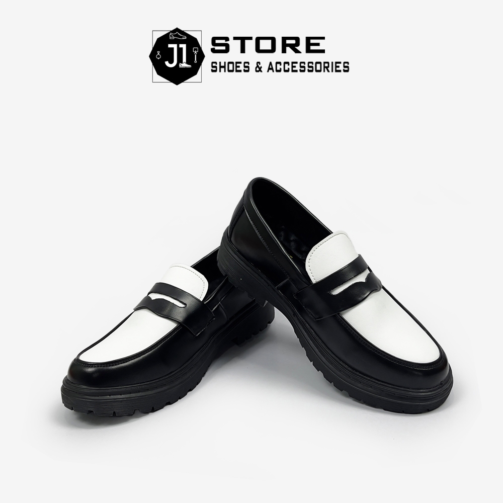 Penny Loafer Black White Minimal J1 Shoes, Son Tung Mens Loafer with Solid Molded Rubber Sole
