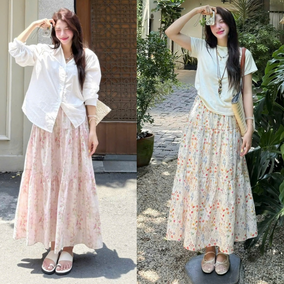 (OLDSCHOOL PHOTO) FLORA SKIRT summer long vintage flower SKIRT มีซับใน