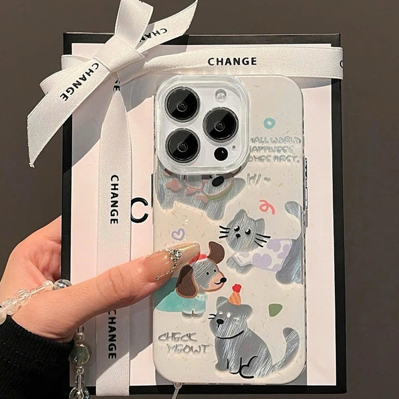 LV055 Silver Puppy and Cat iPhone Case, Hard, กันกระแทก, Camera Protection-iP 6/6s/7/8/Plus/X/XS/XR/