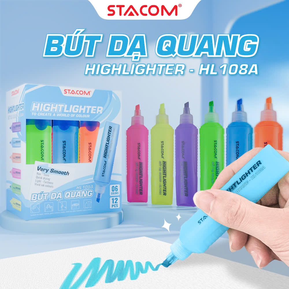 คอมโบ 1/3/5 ปากกาไฮไลท์ 1 หัว ตัวแบน หมึกสวยสุด เขียนทนทานสุด | สตาคอม HL108A