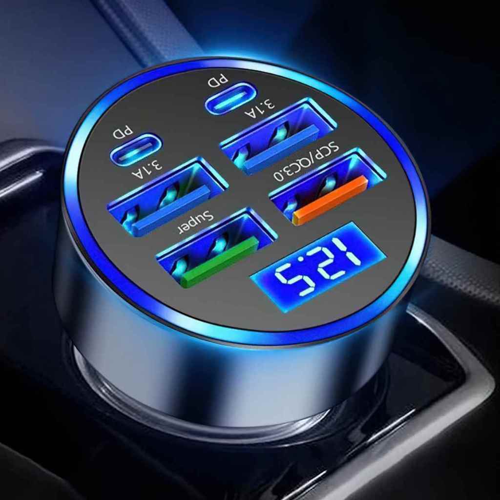 12V/24V PD QC3.0 USB C 5-Port 250W Fast Charger พร้อมไฟ LED สําหรับรถยนต์ MA888