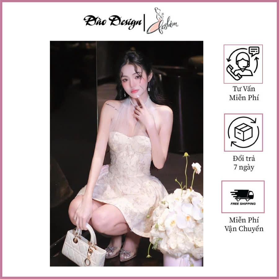 NH CLOTHERS - เดรสผู้หญิงดีไซน์คล้องคอและดอกไม้ 3D โดดเด่น