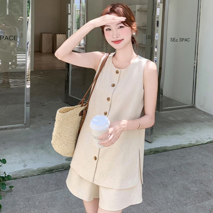 Sugal QA NU 079V2 คุณภาพสูง Double-Layer ผ้าลินิน Gile ชุดแยกรอบคอและกางเกงขาสั้นเอวยางยืด