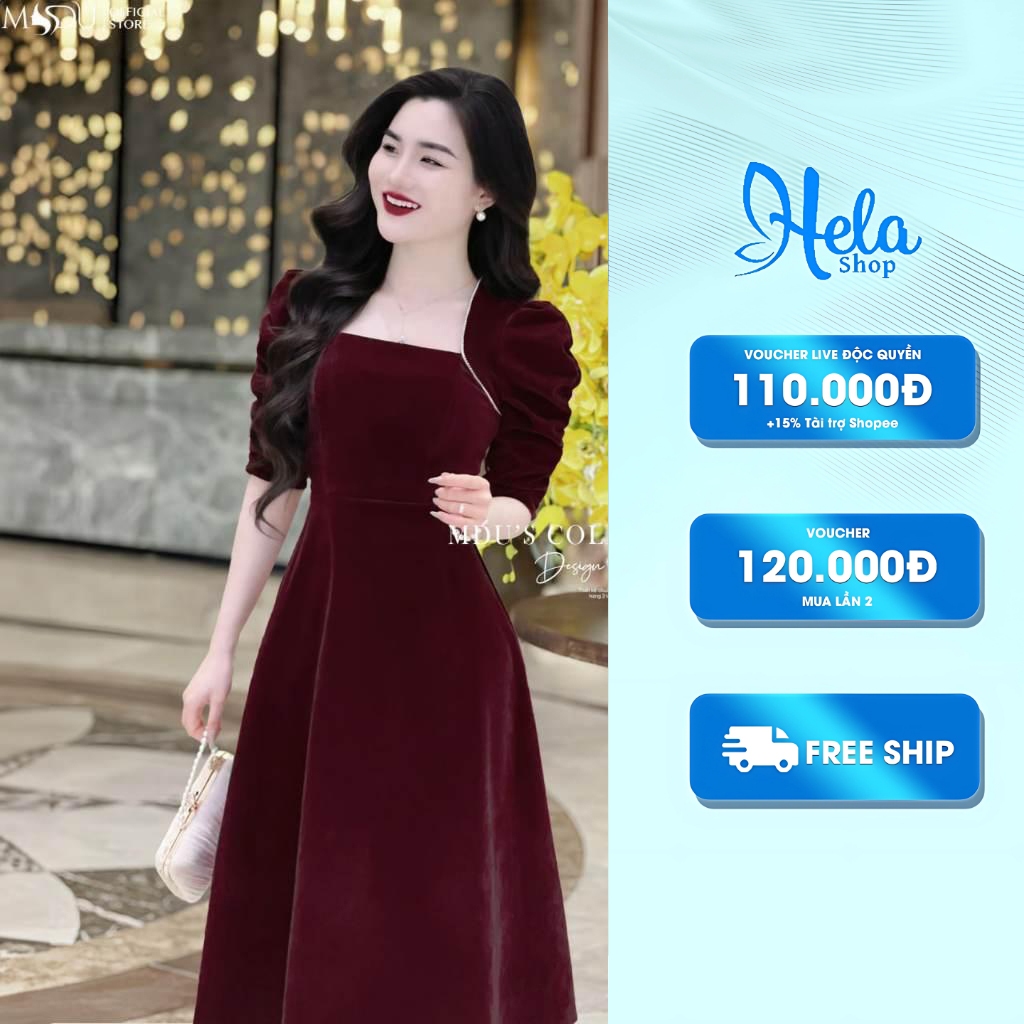 Lady Dress K48-d2-5 กระโปรงบานเล็กน้อย ดีไซน์คอเหลี่ยมพร้อมกํามะหยี่เนื้อนุ่มจาก Mdu MDU3733