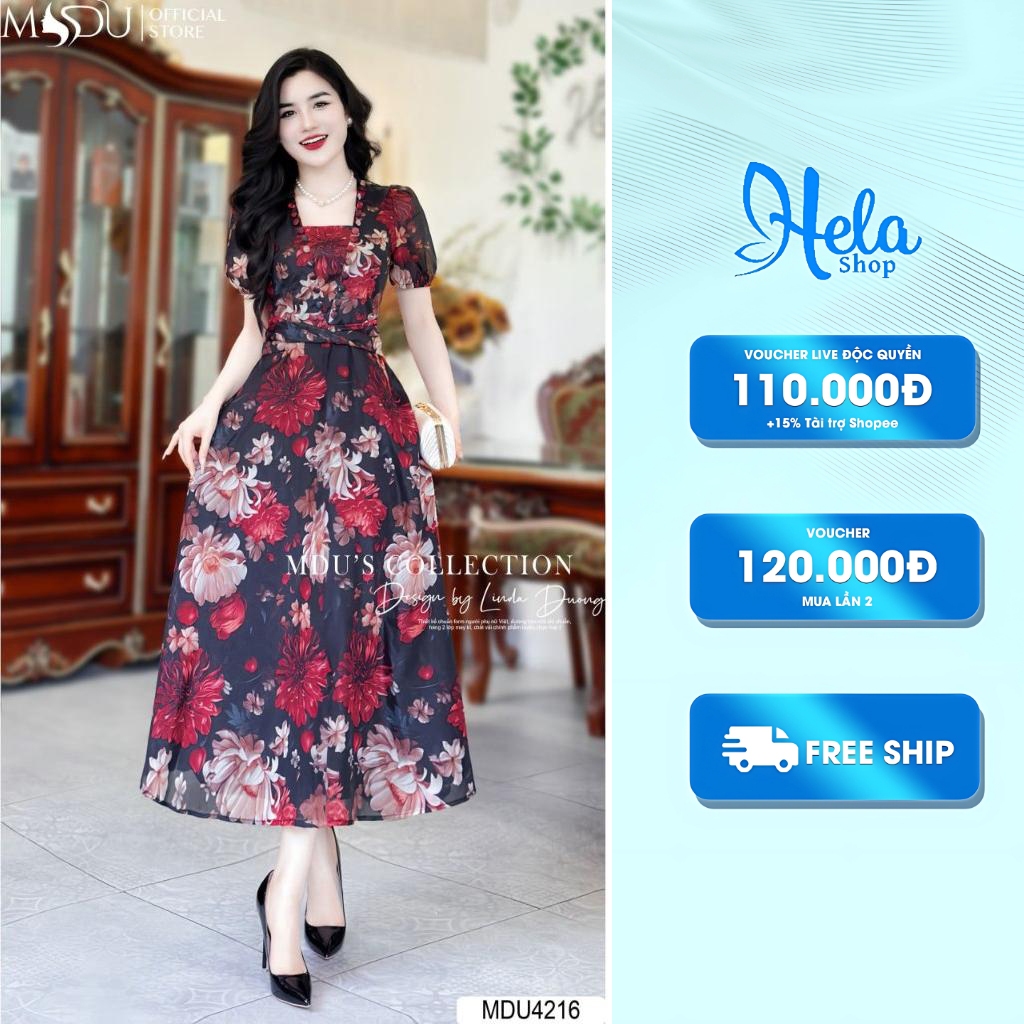 Designer Dress K33-d1-2 สีแดงสดรอบคอน้ําหนักเบา Flare Dress จาก Mdu MDU4216