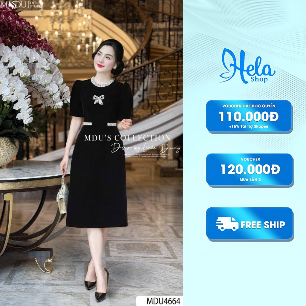 เดรสดีไซน์ด้วยเนื้อกํามะหยี่นิ่มผสมผสานคอกลมประดับหินสุดหรู จาก เอ็มดียู4664