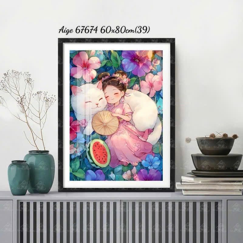 0X80CMmodel 2025, 9CT FULL EMBROIDERED PAINTING OF CUTE GIRL AND CAT 6X